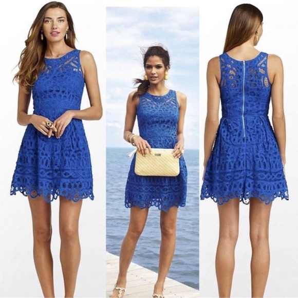 Lilly Pulitzer Foley Dress size small blue Crochet Skater A Line Eyelet Cotton - Picture 1 of 13